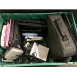 BOX OF VARIOUS CONSOLES AND HAND HELD GAMING GEAR. Makes here include Sony with various