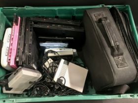 BOX OF VARIOUS CONSOLES AND HAND HELD GAMING GEAR. Makes here include Sony with various