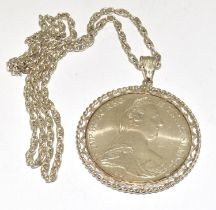 Large Austro Hungarian coin date 1780 in 925 silver and chain.