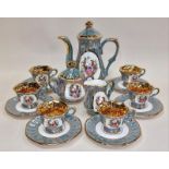Highly decorated porcelain coffee set for six place settings with gilded decoration. 15 pieces in