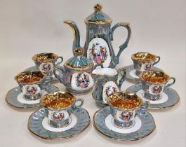 Highly decorated porcelain coffee set for six place settings with gilded decoration. 15 pieces in