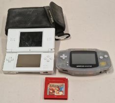 Nintendo Game Boy Advance together with a Nintendo DS Lite, Pokemon game cartridge and carry case.