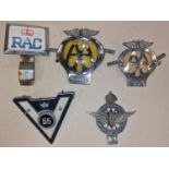 5 vintage car badges AA, RAC etc