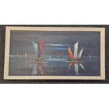 Mid 20th century 1960's framed oil on canvas painting of boats at sea. Signed to bottom left