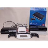 Collection of game consoles to include PlayStation, Xbox, Wii U etc to include a boxed example. Also