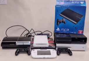 Collection of game consoles to include PlayStation, Xbox, Wii U etc to include a boxed example. Also