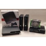 Boxed Sony PS3 slim console together with three Xbox One consoles and a collection of games. No