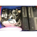 BOX OF GAMING RELATED CONSOLES AND CONTROLLERS. Makes here include - Sony - XBOX - Wii along with