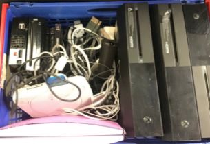 BOX OF GAMING RELATED CONSOLES AND CONTROLLERS. Makes here include - Sony - XBOX - Wii along with