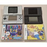 Nintendo DS console together with a Nintendo DS Lite console and two boxed game cartridges. This lot