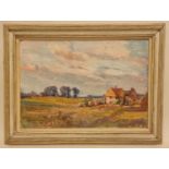 Winifred. H. Simmons: Framed oil on board painting "The Setting Sun, Amberley, Sussex" signed to