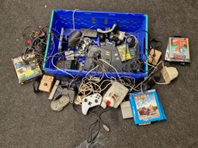 Box of mainly vintage gaming gear to include games, controllers, leads and ancillary items. This lot