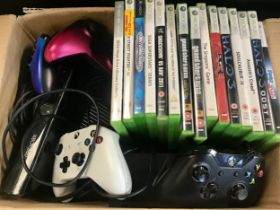 XBOX WITH GAMES AND CONTROLLERS. This box contains one gaming unit along with a Kinect - Power