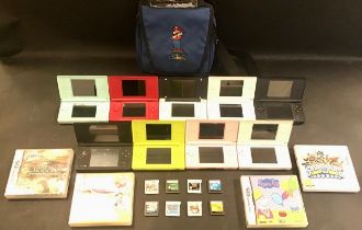 NINTENDO DS HAND HELD DEVICES WITH GAMES. 9 units together here accompanied with a selection of