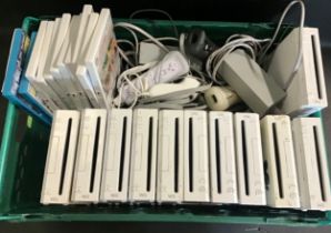 CRATE OF VARIOUS Wii GAMING CONSOLES. 11 consoles here in total along with cab les and controllers