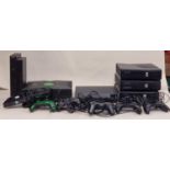 Collection of game consoles to include PlayStation and Xbox together with a collection of leads,