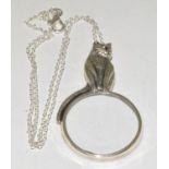 Silver cat shape magnifying glass pendant necklace