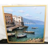Large oil on canvas - Italian Harbour' by Savino, Italian contemporary artist. O/all frame size