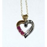 9ct gold ladies Diamond and Ruby heart pendant necklace