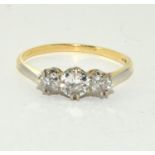 A Diamond 3 stone approx. 0.66pt total, 18ct gold ring Size N