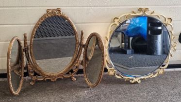 Three section folding gilt framed vintage dressing table mirror together with a vintage wall