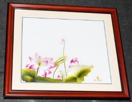 Framed silk embroidery of flowers, signed in silk. O/all frame size 67.5cms x 57.5cms