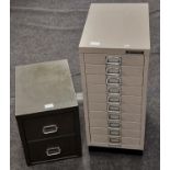A ten drawer Matthews vintage metal filing cabinet together with a smaller two drawer green filing