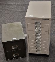 A ten drawer Matthews vintage metal filing cabinet together with a smaller two drawer green filing