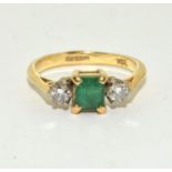 An emerald/diamond 18ct gold ring Size J, 2.9g