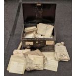 Tin trunk containing a large collection of antique ephemera, indentures and documentation, some