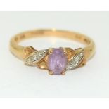 9ct gold ladies Diamond and Amethyst dress ring mark Diamond in ring size N