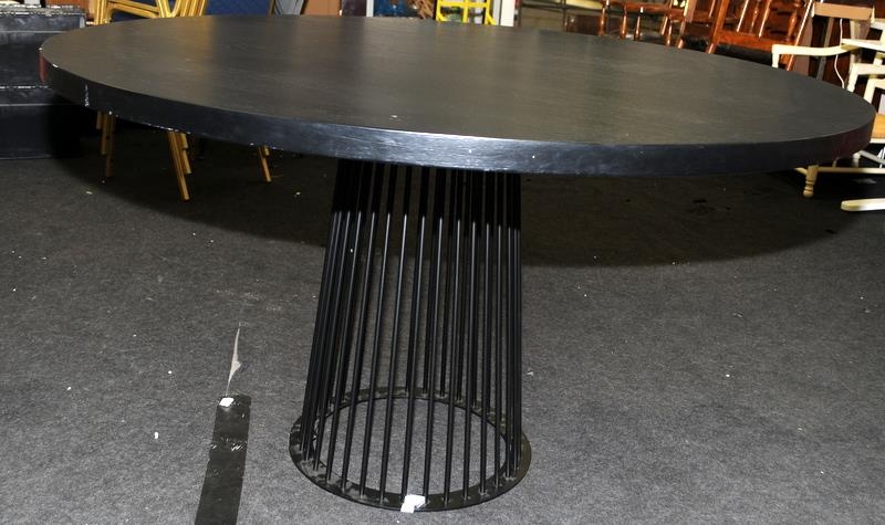 Large circular dining table with solid ebonised to supported by black powdercoated metal carousel - Image 2 of 4