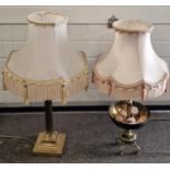 Two vintage large brass table lamps with shades.