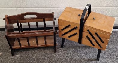 Vintage three tier cantilever sewing box with contents together with a vintage mahogany magazine