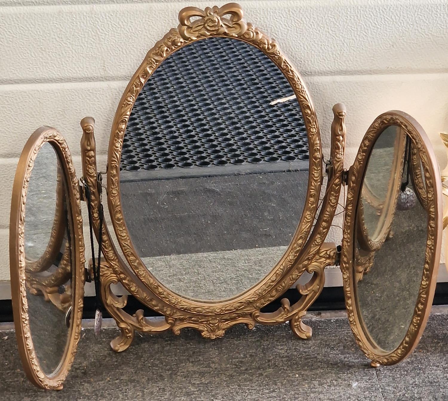 Three section folding gilt framed vintage dressing table mirror together with a vintage wall - Image 2 of 2