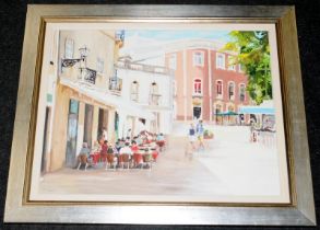 E Coe oil on canvas, continental street cafe scene. O/all frame size 63cms x 53cms