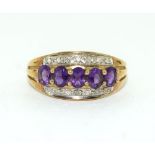 9ct gold ladies 3 row Diamond and Amethyst ring size N