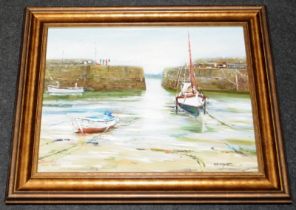 Elaine Marston oil on canvas 'Fishing At Mousehole'. O/all frame size 82cms x 52cms