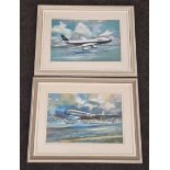 Miles O' Reiil: Pair of framed and glazed gouache pictures depicting British Airways BOAC planes