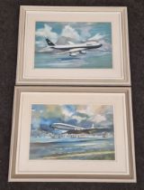 Miles O' Reiil: Pair of framed and glazed gouache pictures depicting British Airways BOAC planes