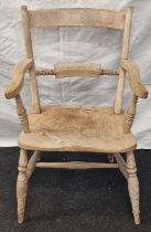 Vintage early Elm curved back dining chair standing on turned supports and H cross stretcher