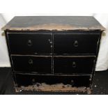 Contemporary 4 over one bow fronted chest of deep drawers. Painted black and subsequently distressed