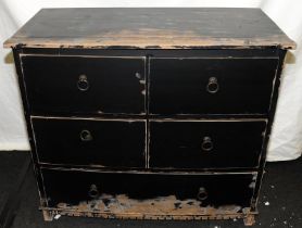 Contemporary 4 over one bow fronted chest of deep drawers. Painted black and subsequently distressed