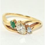 Diamond pear shaped ring, centre stone with emerald/aqua 18ct (tested) gold Size R