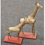 Two contemporary brass giraffe ornaments mounted on wooden bases the largest measuring 60cm tall.