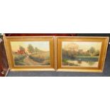 2 matched gilt frame oil on canvas country scenes signed by J Ivey 1917 53x65cm