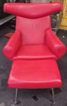 Hans J Wegner style wing back bull chair and matching ottoman footstool mid century vintage 1960