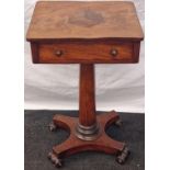 Mahogany single draw lamp table set on quadrupole scroll support on a single pedestal the draw is