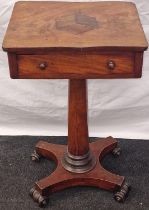 Mahogany single draw lamp table set on quadrupole scroll support on a single pedestal the draw is