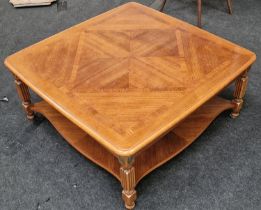 Mahogany square coffee table with brass castors and fluted supports and under tray 40x90x90cm